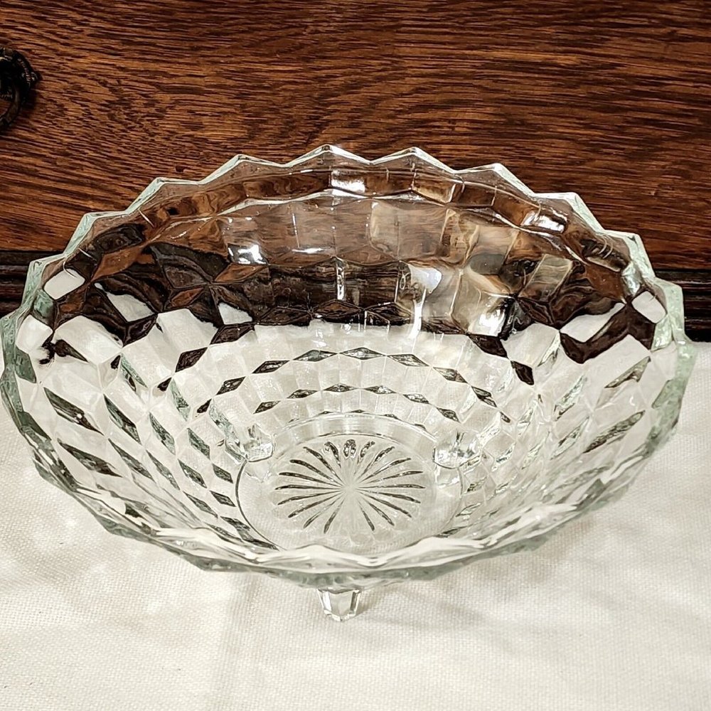 Colony Whitehall Clear Footed Bowl 10" cube cubist glass midcentury vintage - Picture 7 of 13